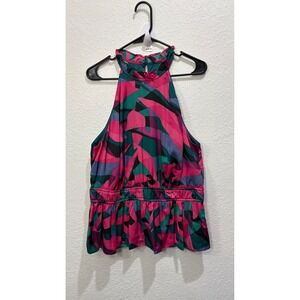 Nine West Women's Sleeveless Halter Neck Peplum‎ Blouse XL Pink Green Sleek Top